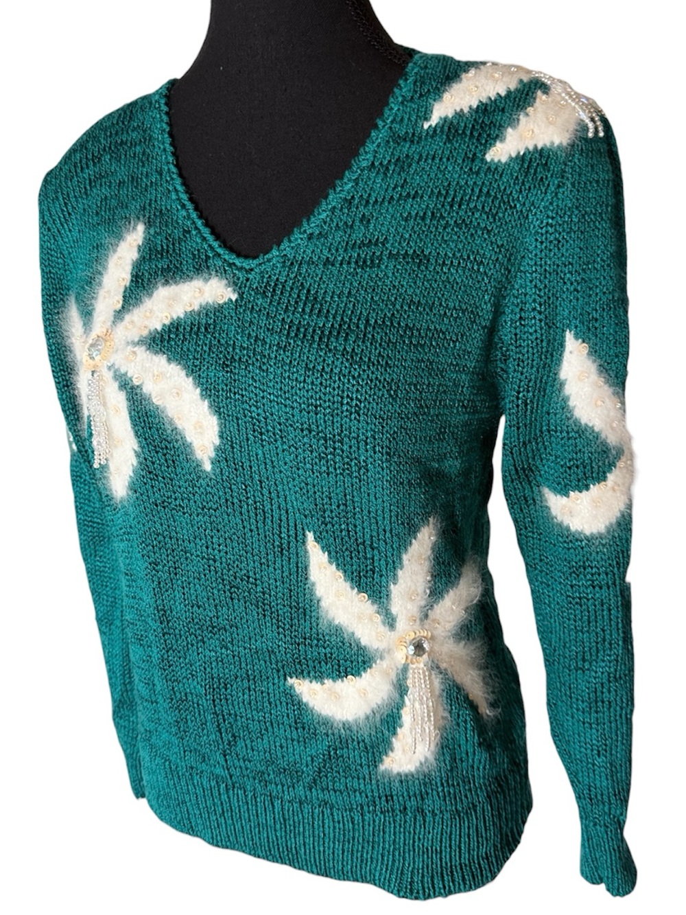 JASMINE Vintage Teal Turquoise Knit Angora Blend Sweater Floral Beaded Small